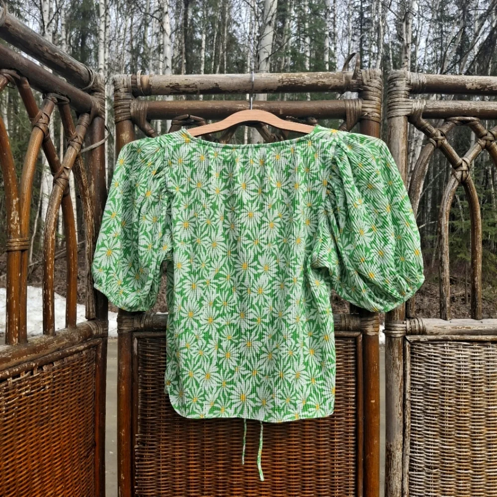 🍀3/15 Floral Green Puff Sleeve Top